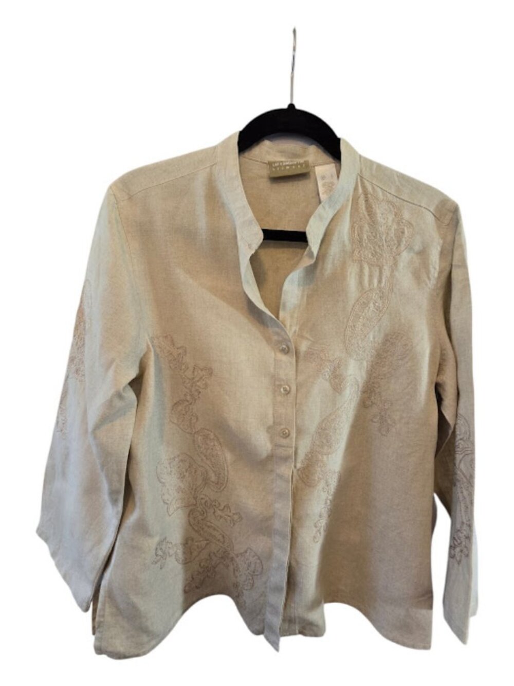 Linen button up shirt Liz Claiborne Lizwear tan embroidered size Large